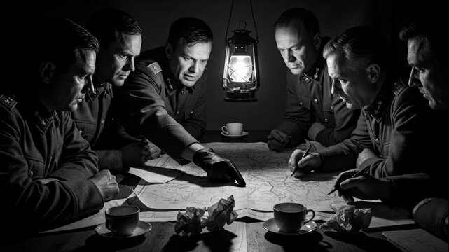 Military Commanders Strategic Planning - A black and white video depicting a group of military officers in uniform gathered around a table, studying maps and engaging in serious strategic planning
