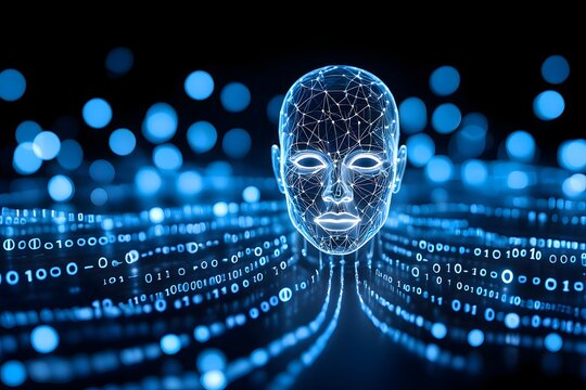 Artificial intelligence face with digital binary code and glowing network connections