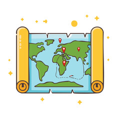 World Map Illustration with Pin Markers and Stars, Route Planning Concept