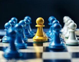close up view of yellow pawn surrounded by blue and white chess pieces on chessboard symbolizing strategy and competition in digital age