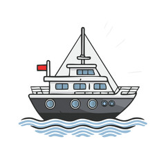 Obraz premium Illustrated private yacht with a sail and red flag cruising on cartoon sea waves