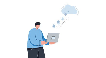 Simplified depiction of a man uploading files to cloud storage with a laptop showcasing digital collaboration and data security in a white background