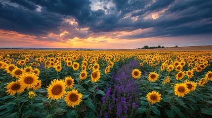 Obraz premium Dramatic sunset over a vibrant sunflower field, with golden light illuminating the blooming sunflowers and purple flowers under a cloudy, colorful sky landscape.