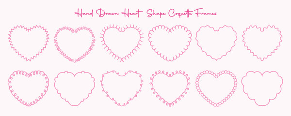 Hand drawn pink heart shape coquette frame. Minimalistic cute wavy, curve, round, zigzag border line art for wedding invitation, greeting card, decoration and other printable