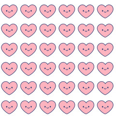 Seamless Pattern of Cute Pink Kawaii Hearts with Smiling Faces