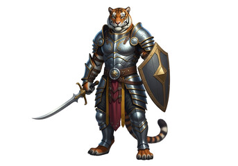 A tiger-like creature in full plate armor, holding a sword and shield, stands against a dark background.