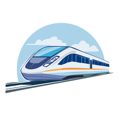 Modern high speed train on tracks against blue sky background.