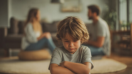 Emotional Child in Home Environment Witnessing Parents Argue During Difficult Situation