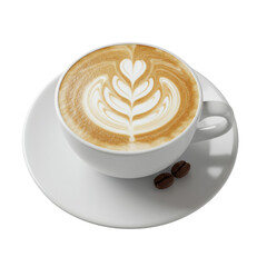 A gleaming white ceramic cup filled with frothy cappuccino and intricate latte art, on a matching saucer with a coffee bean, against a seamless transparent background. Concept for luxury beverage