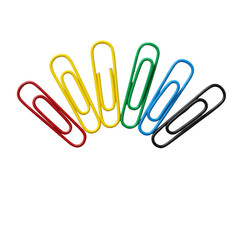 Obraz premium Six brightly colored paper clips (red, blue, green, yellow, pink, black) meticulously fanned in a semi-circle, overlapping to form a smooth gradient, isolated on a transparent background. Concept of