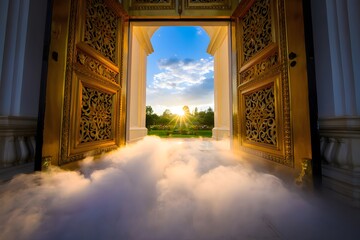 Fototapeta premium Heavenly gates open to a bright future with clouds and golden doors leading to paradise view