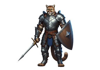 Naklejka premium A stylized, powerful cougar-like warrior in full plate armor stands ready with sword and shield, presented against a dark background.
