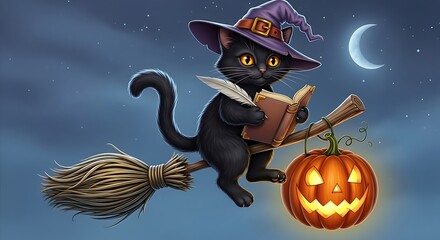 Cute Black Cat Witch Halloween.