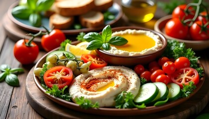 Fresh Mediterranean Hummus and Vegetable Platter with Dips and Bread