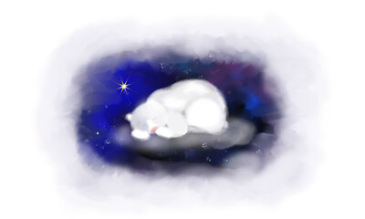 A polar bear sleeps in the snow in winter. It can be used to create a New Year's card or a children's book.