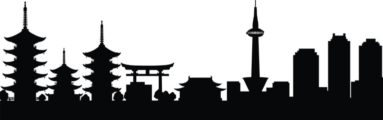 Fototapeta premium Japanese city skyline silhouette with pagodas, torii gate, Kyoto Tower, modern buildings, cultural architecture blend, vector illustration for stock