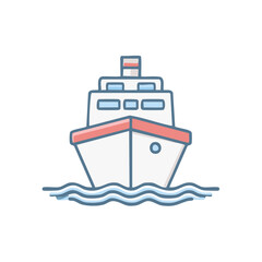 Obraz premium Front view icon of a ship or boat sailing on water with waves in a simple vector style