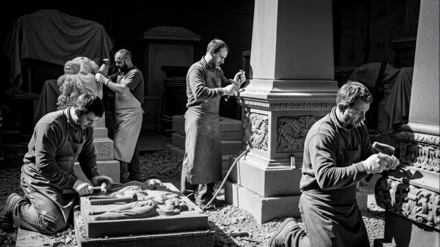 Stonemasons Crafting Monuments - Black and white footage shows skilled stonemasons meticulously carving intricate details into large stone monuments using hammers and chisels.
