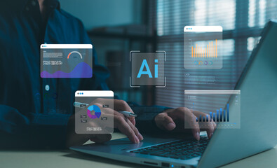 Artificial intelligence with data analytics, charts, and graphs on laptop. Business technology, AI innovation, digital transformation, and big data concept for smart solutions and future strategy.