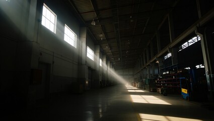 Sunlight streaming through high windows into a large warehouse space "generative ai."