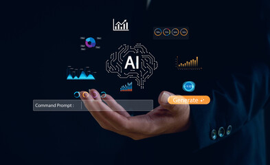Artificial intelligence data visualization concept showing futuristic analytics, digital graphs, AI technology, and command prompt interface for innovation and business growth.