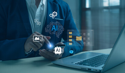Business professional using smartphone and laptop with virtual AI icons, artificial intelligence, machine learning, digital technology, data innovation, and smart solutions for future business.