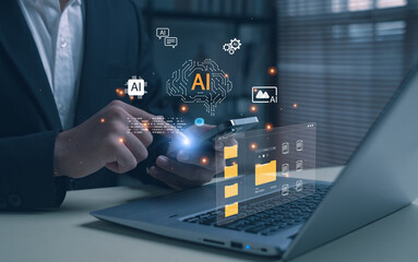 Businessman using smartphone and laptop with glowing AI icons, artificial intelligence, machine learning, digital technology, futuristic data innovation, and smart solutions for business growth.