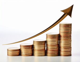 stacks of coins with rising arrow isolated on white background