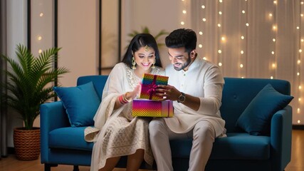 happy couple opening gift box on diwali - Powered by Adobe
