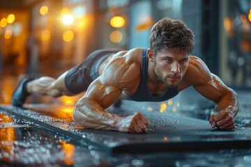 Outdoor fitness instructor demonstrating plank pose to promote core strength and healthy living