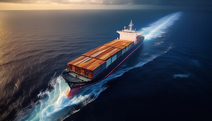 cargo ship cutting a wake through dark water