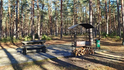 On a tiled area next to a wooden table and benches, there is a metal brazier with a canopy and firewood. There is a trash can nearby. Pine trees surround the area. Sunny autumn weather