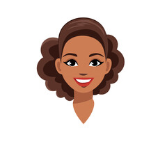 Smiling woman face, cartoon illustration of happy female with curly brown hair
