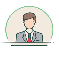 Stylized business man icon with red tie and grey suit, representing professional profile.