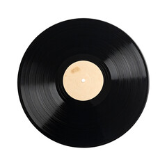 Black Vinyl Record with Blank Beige Label Isolated on a Dark Background, Vintage LP Album for Custom Text