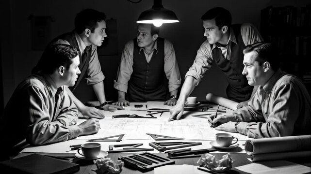 Wartime Engineers Designing Blueprints - Four men in 1940s attire are engrossed in reviewing blueprints spread across a table under dim lighting.