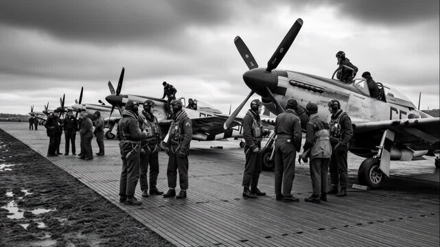 Wartime Pilots Preparing Aircraft on Runway - Black and white video of World War II-era pilots in uniform preparing their fighter planes on a runway.