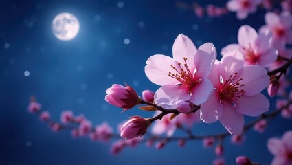 Blooming cherry blossom branch displaying beautiful pink flowers, with a soft focus background of a full moon and sparkling stars in a deep blue night sky.