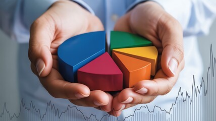 Hands Holding Colorful Pie Chart with Stock Market Graph