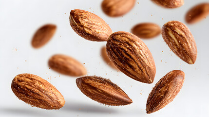  Raw Almonds Falling in Air on White Background
