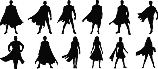 Superhero Silhouette Vector Set Featuring Dynamic Poses, Capes, Male and Female Characters for Comic, Fantasy, Action, and Pop Culture Themes © Parvej Creatives