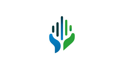 Obraz premium Abstract graphic of human hands in blue and green, supporting vertical bars symbolizing growth, data, finance, or environmental progress.
