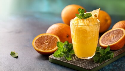 homemade organic citrus slush garnished with fresh mint and orange slices