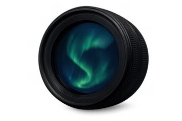 Camera lens reflecting the aurora borealis light on night sky