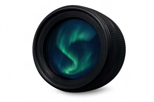 Camera lens reflecting the aurora borealis light on night sky