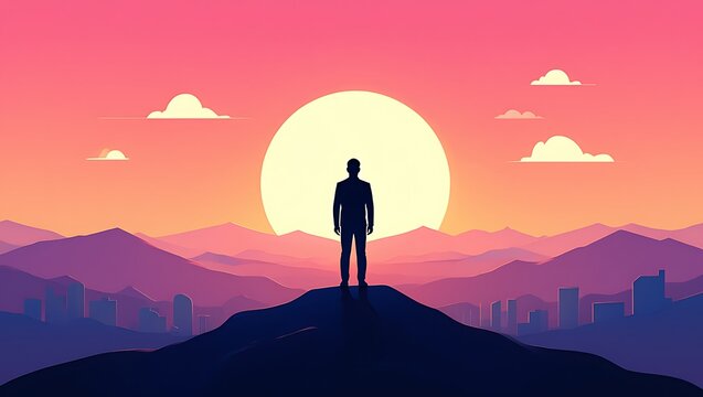Lone Figure Gazes at Pixelated Sunset Over Distant Cityscape