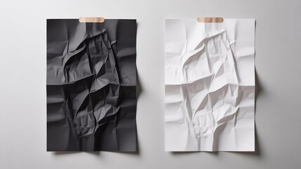 white paper wrinkled poster template ,blank glued creased paper sheet mockup.white poster mockup on wall. empty paper mockup..