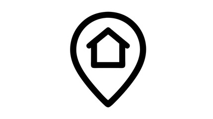 Black outline vector icon of a house inside a map pin marker, symbolizing home location, property address, and real estate on a digital map.