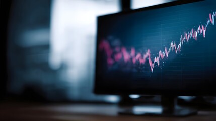 Computer monitor displaying a dynamic market graph showing upward financial trends and growth