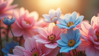 Delicate flowers bloom in shades of pink and light blue, illuminated by soft sunlight that creates a warm, inviting atmosphere.